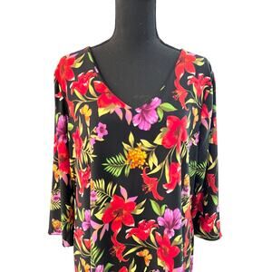 ATTITUDES By Renee Liquid Knit Reversible Top Women XL V-neck Long Sleeve Floral